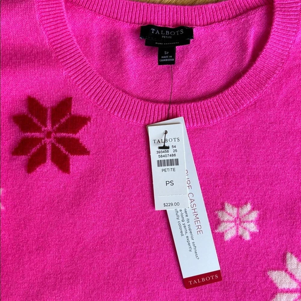 Cashmere PS Talbots Hot Pink snowflake Crewneck Sweater